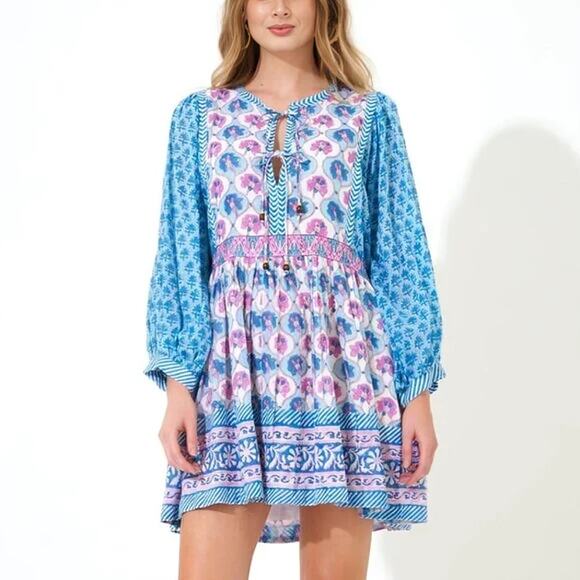 Oliphant Tie Front Balloon Mini Dress Iris Blue Medium Floral Print Long Sleeve